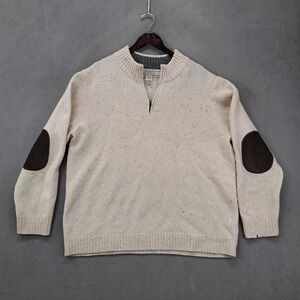 LL Bean Wool Shetland Sweater 2XL Quarter Zip Elbow Patches Beige Speckled